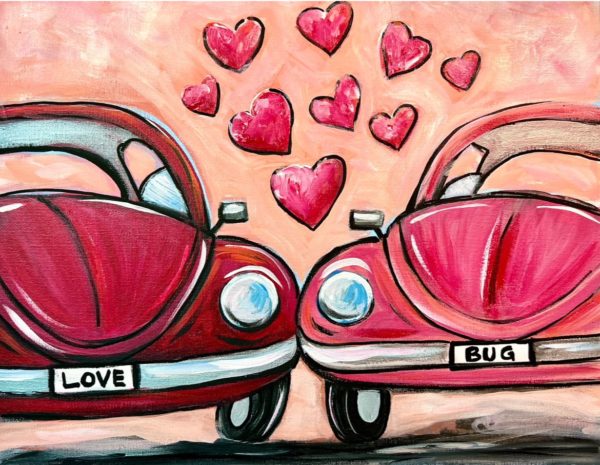 Bugs, love bugs, bug car, Valentine's Day, Valentines, love, February, painting,